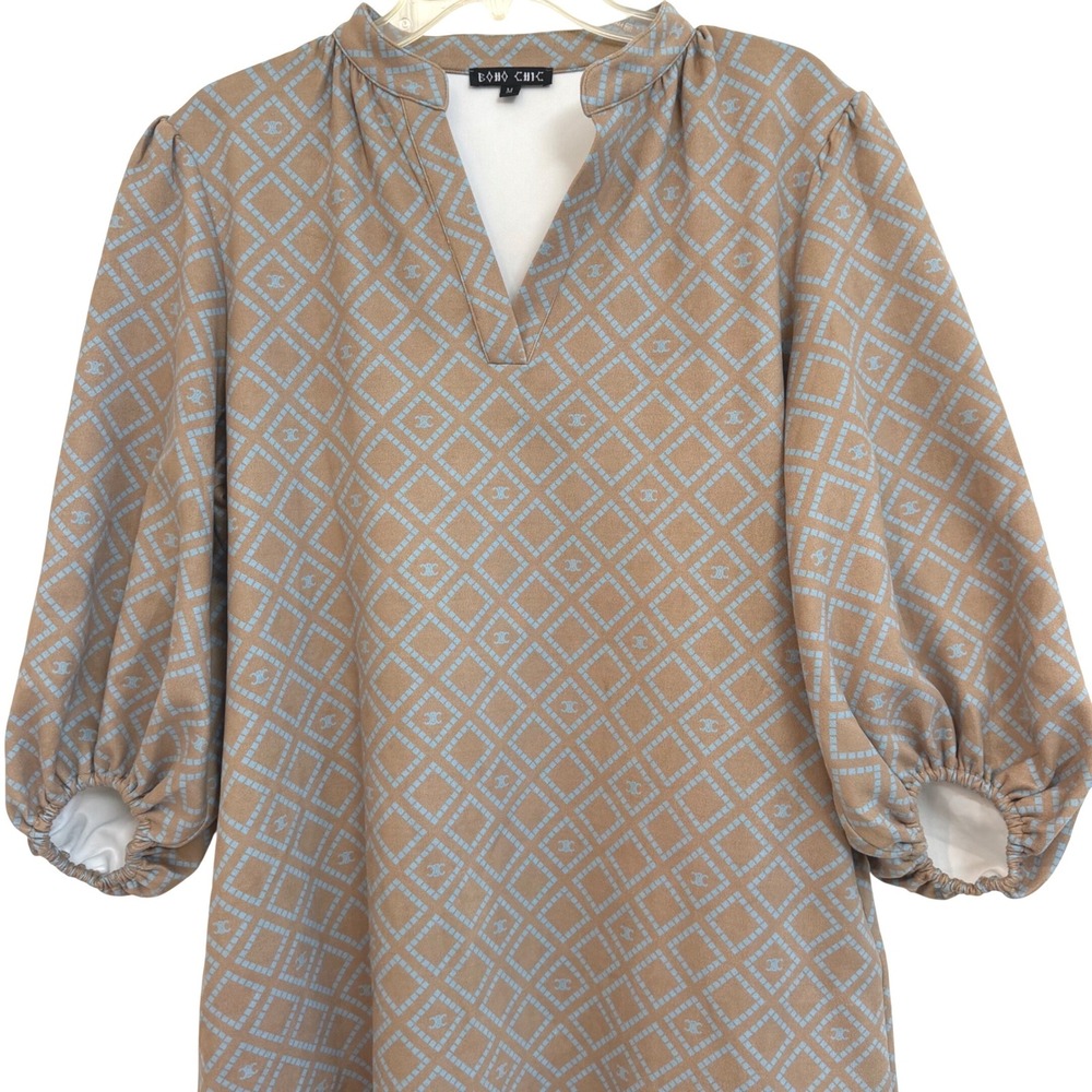 Boho Chic Womens Tan Blue Geometric Diamond Print Puff Sleeve Tunic Dress Size M - Picture 2 of 8
